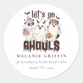 Halloween Retro Ghosts Let's Go Ghouls Adres Ronde Sticker