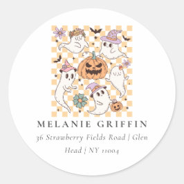 Halloween Retro Ghosts Pumpkins Adres Ronde Sticker