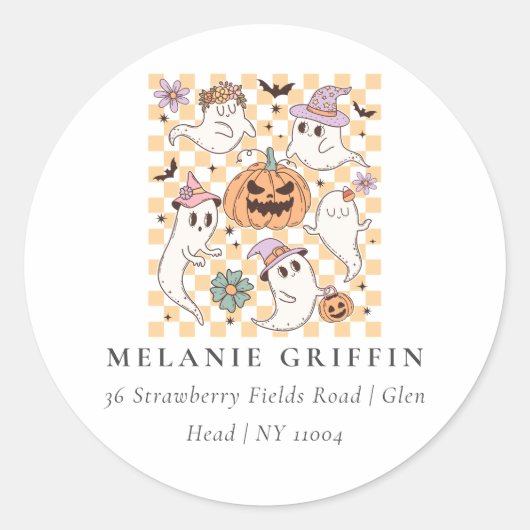 Halloween Retro Ghosts Pumpkins Adres Ronde Sticker (Voorkant)