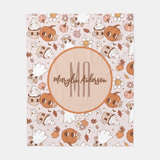 HALLOWEEN RETRO GROOVY PUMPKINS AND GHOSTS FLEECE DEKEN (Voorkant)