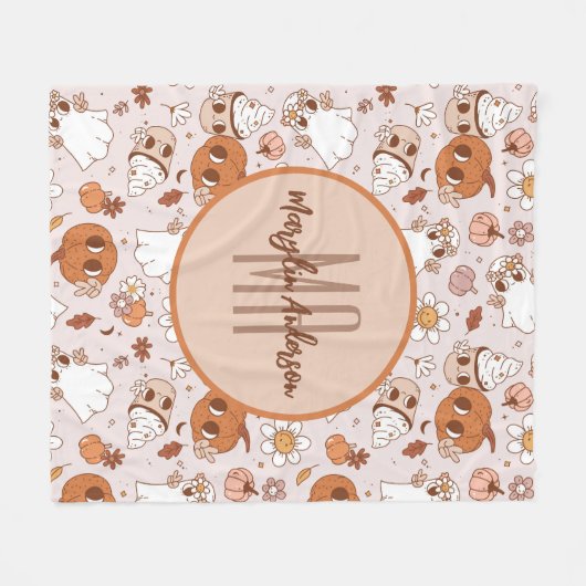 HALLOWEEN RETRO GROOVY PUMPKINS AND GHOSTS FLEECE DEKEN (Voorkant (Horizontaal))