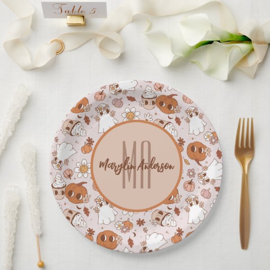 HALLOWEEN RETRO GROOVY PUMPKINS AND GHOSTS PAPIEREN BORDJE (Huwelijk)