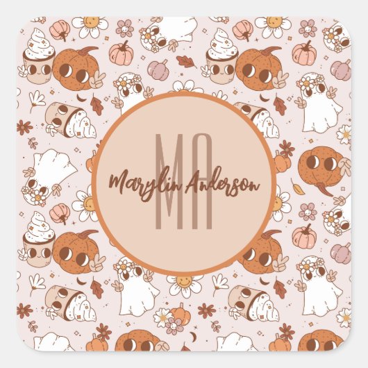 HALLOWEEN RETRO GROOVY PUMPKINS AND GHOSTS VIERKANTE STICKER (Voorkant)