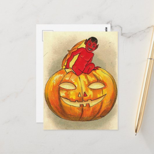 Halloween Retro Jack O Lantern en Duivel Briefkaart (Voorkant / Achterkant in situ)