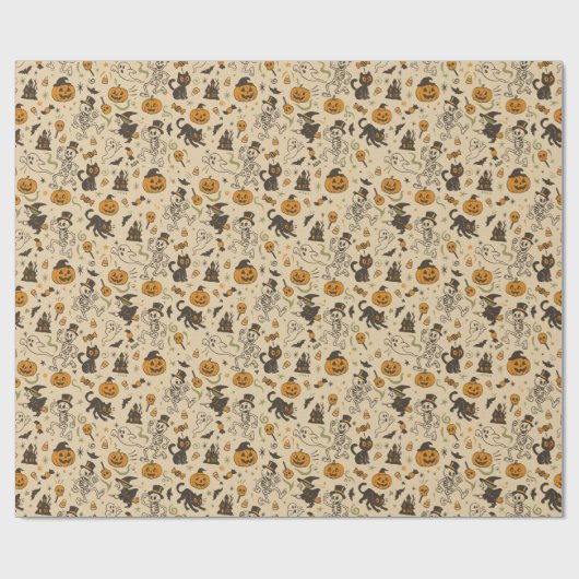 Halloween Retro Skeleton Witch Nostalgic Cadeaupapier (Vlak)