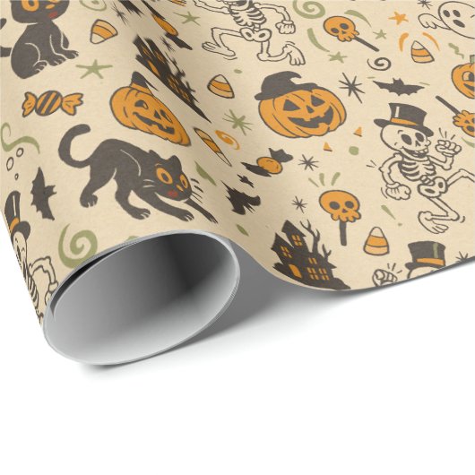 Halloween Retro Skeleton Witch Nostalgic Cadeaupapier (Rol Hoek)