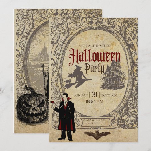 Halloween retro vampier heksen kaart (Voorkant / Achterkant)