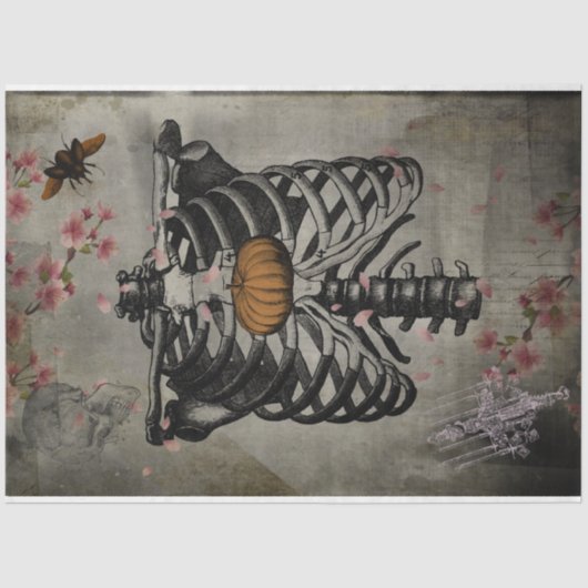 Halloween Rib Cage Pumpkin Heart Floral Ephemera Tissuepapier (Voorkant)