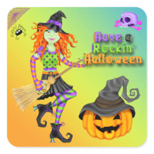 Halloween Rockin Witch Square Stickers
