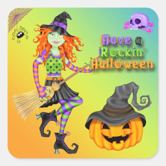 Halloween Rockin Witch Square Stickers (Voorkant)