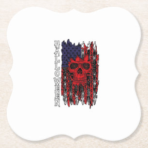 Halloween Rode Schedel Amerikaanse Vlag Spinnenweb Kartonnen Onderzetters