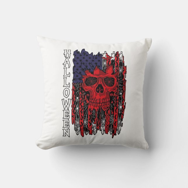 Halloween Rode Schedel Amerikaanse Vlag Spinnenweb Kussen (Voorkant)