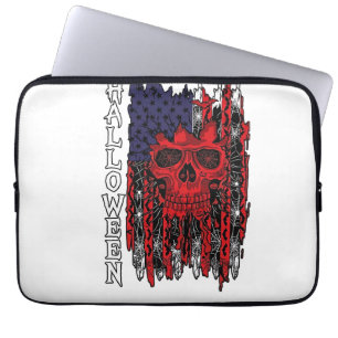 Halloween Rode Schedel Amerikaanse Vlag Spinnenweb Laptop Sleeve