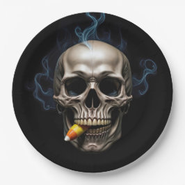 Halloween Rokkende Schedel Bijt Candy Corn Papieren Bordje