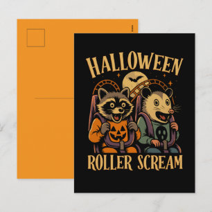 Halloween Roller Scream Wasbeer en Opossum Feestdagenkaart
