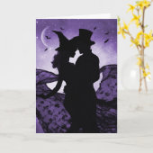 Halloween Romance liefde silhouet paar en vleermui Kaart (Gele Bloem)