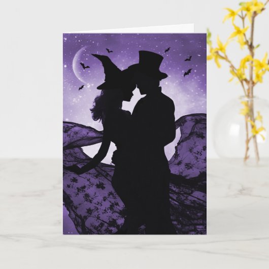 Halloween Romance liefde silhouet paar en vleermui Kaart (Gele Bloem)