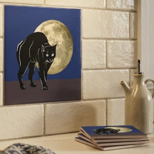 Halloween Rondsluipende Zwarte Kat Op Een Nacht Me Tegeltje
