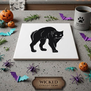 Halloween rondsluipende zwarte kat silhouet tekeni tegeltje