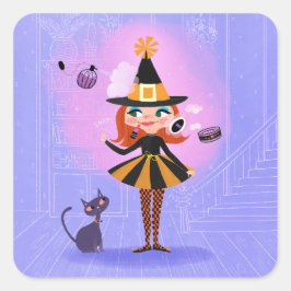 Halloween rood haar heks lavendel & roze vierkante sticker