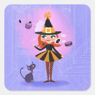 Halloween rood haar heks lavendel & roze vierkante sticker