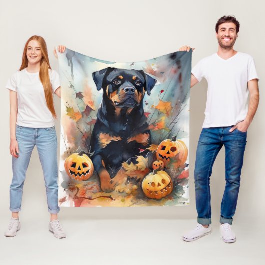 Halloween Rottweiler met pompoenen eng Fleece Deken (In situ)