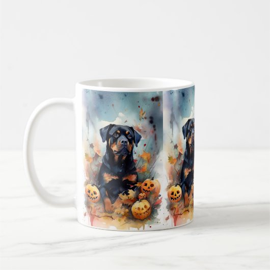 Halloween Rottweiler met pompoenen eng Koffiemok (Links)