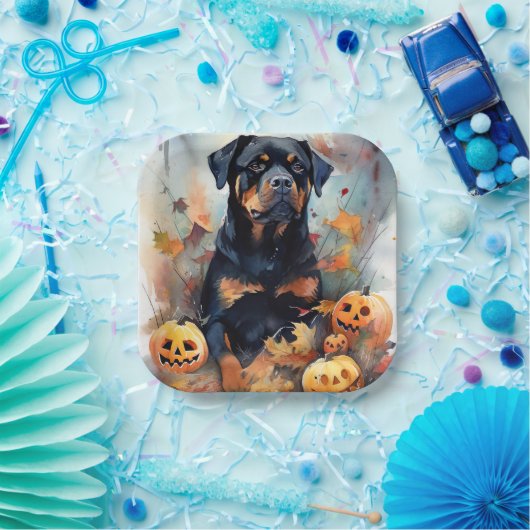 Halloween Rottweiler met pompoenen eng Papieren Bordje (Feest)