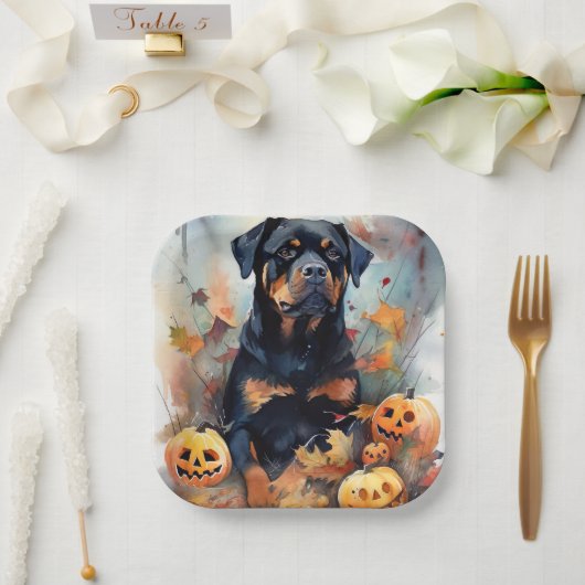 Halloween Rottweiler met pompoenen eng Papieren Bordje (Huwelijk)