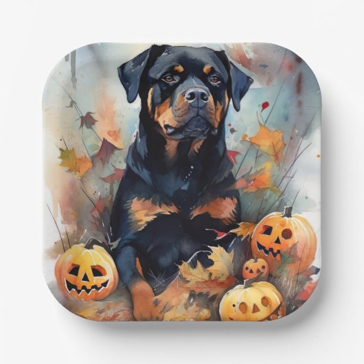 Halloween Rottweiler met pompoenen eng Papieren Bordje (Voorkant)
