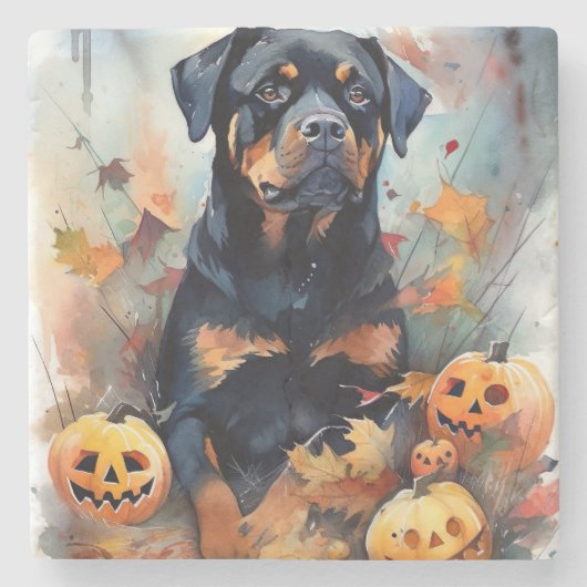 Halloween Rottweiler met pompoenen eng Stenen Onderzetter (Voorkant)