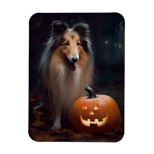 Halloween Rough Collie Met Pompoenen Eng Magneet (Verticaal)