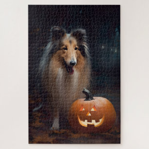 Halloween Rough Collie Met Pompoenen Griezelen Legpuzzel