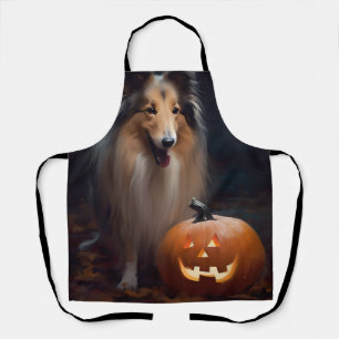 Halloween Rough Collie Met Pompoenen Griezelen Schort