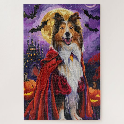 Halloween Rough Collie Vampire Pumpkins eng Legpuzzel (Verticaal)
