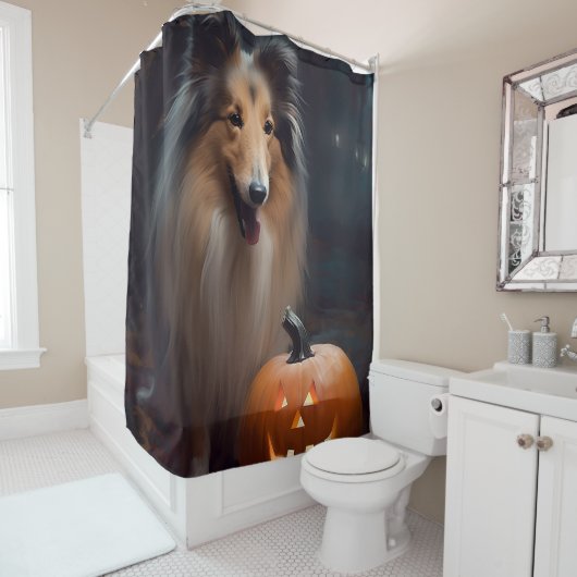 Halloween Rough Collie with Pumpkins Scary Douchegordijn (In situ)