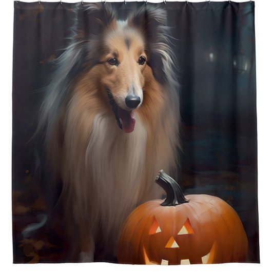 Halloween Rough Collie with Pumpkins Scary Douchegordijn (Voorkant)