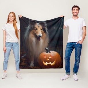 Halloween Rough Collie with Pumpkins Scary Fleece Deken