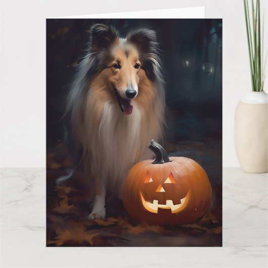 Halloween Rough Collie with Pumpkins Scary Kaart (Voorkant)