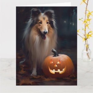 Halloween Rough Collie with Pumpkins Scary Kaart
