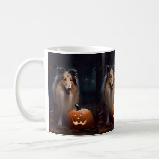 Halloween Rough Collie with Pumpkins Scary Koffiemok (Links)