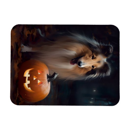 Halloween Rough Collie with Pumpkins Scary Magneet (Horizontaal)