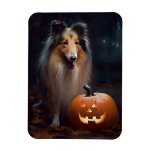 Halloween Rough Collie with Pumpkins Scary Magneet