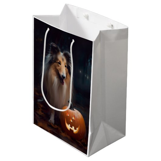 Halloween Rough Collie with Pumpkins Scary Medium Cadeauzakje (Voorkant Gekanteld)