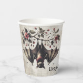 Halloween Roze Bloemen Boze vleermuis Groene blade Papieren Bekers (Voorkant)