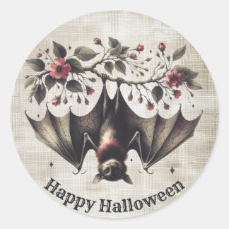 Halloween Roze Bloemen Boze vleermuis Groene blade Ronde Sticker