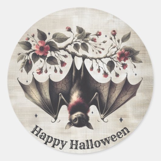 Halloween Roze Bloemen Boze vleermuis Groene blade Ronde Sticker (Voorkant)