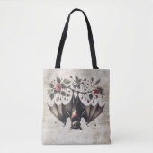 Halloween Roze Bloemen Boze vleermuis Groene blade Tote Bag (Voorkant)