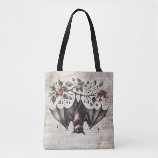 Halloween Roze Bloemen Boze vleermuis Groene blade Tote Bag (Voorkant)