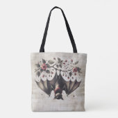 Halloween Roze Bloemen Boze vleermuis Groene blade Tote Bag (Achterkant)